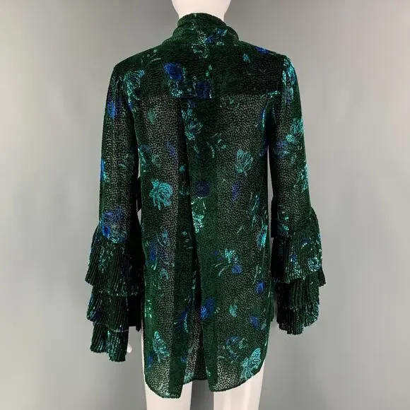 PRABAL GURUNG Size 0 Green Black Viscose Silk Abstract floral V-Neck Dress Top